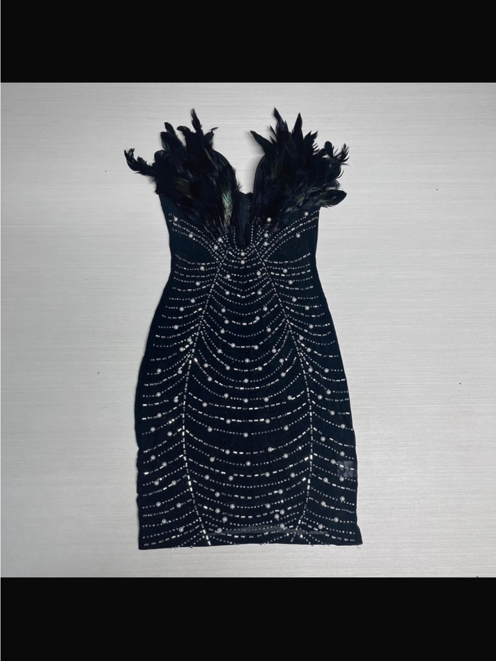 Black Feather & Rhinestone Strapless Cocktail Dress